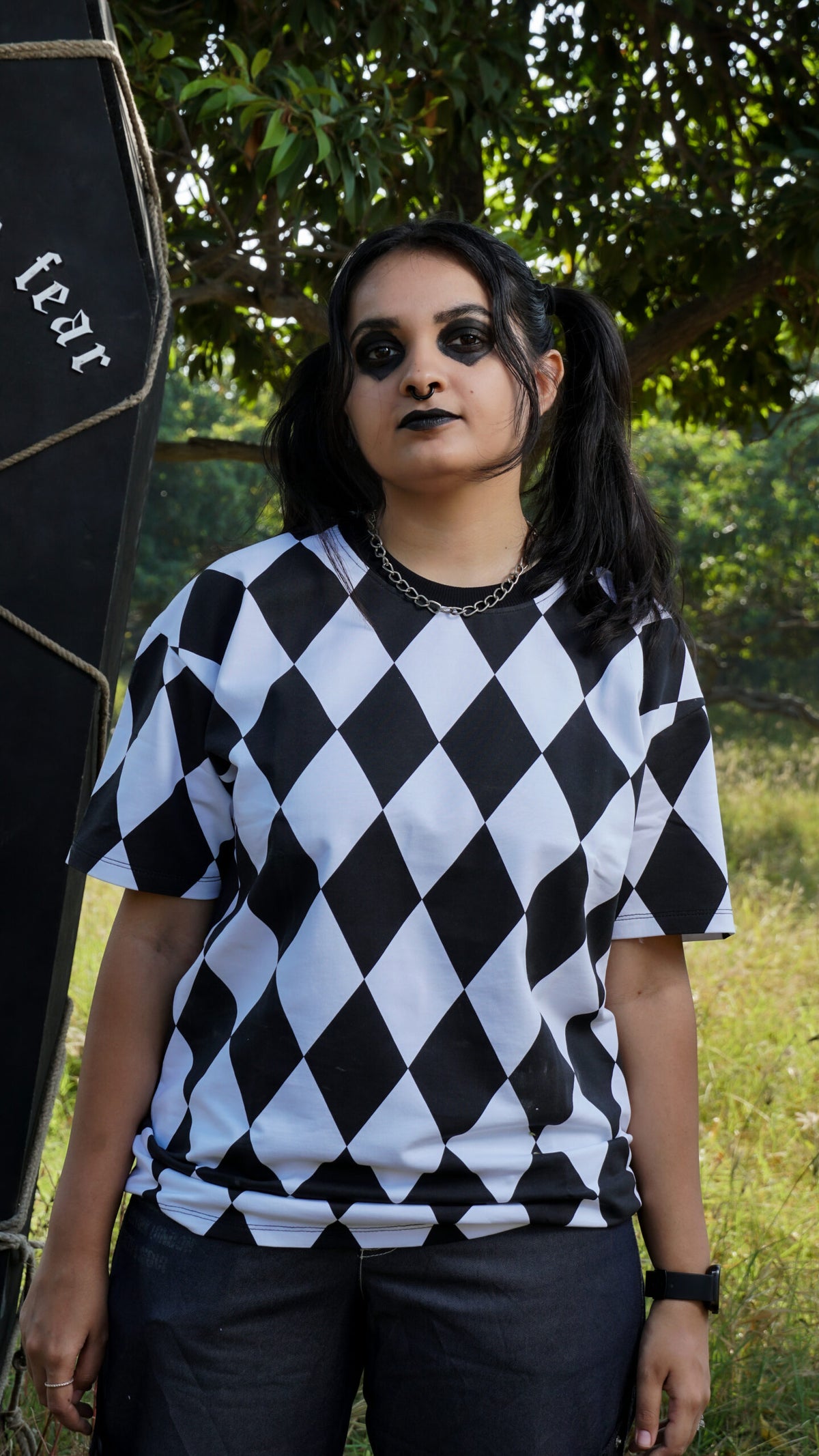 Diamond Checks black and white print T-shirt by Pavitra Paapi, view 3