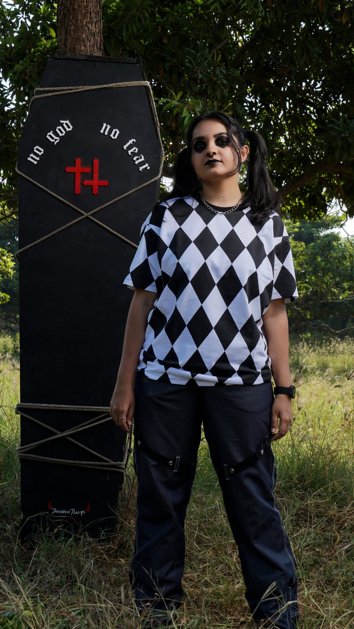 Diamond Checks black and white print T-shirt by Pavitra Paapi, view 1