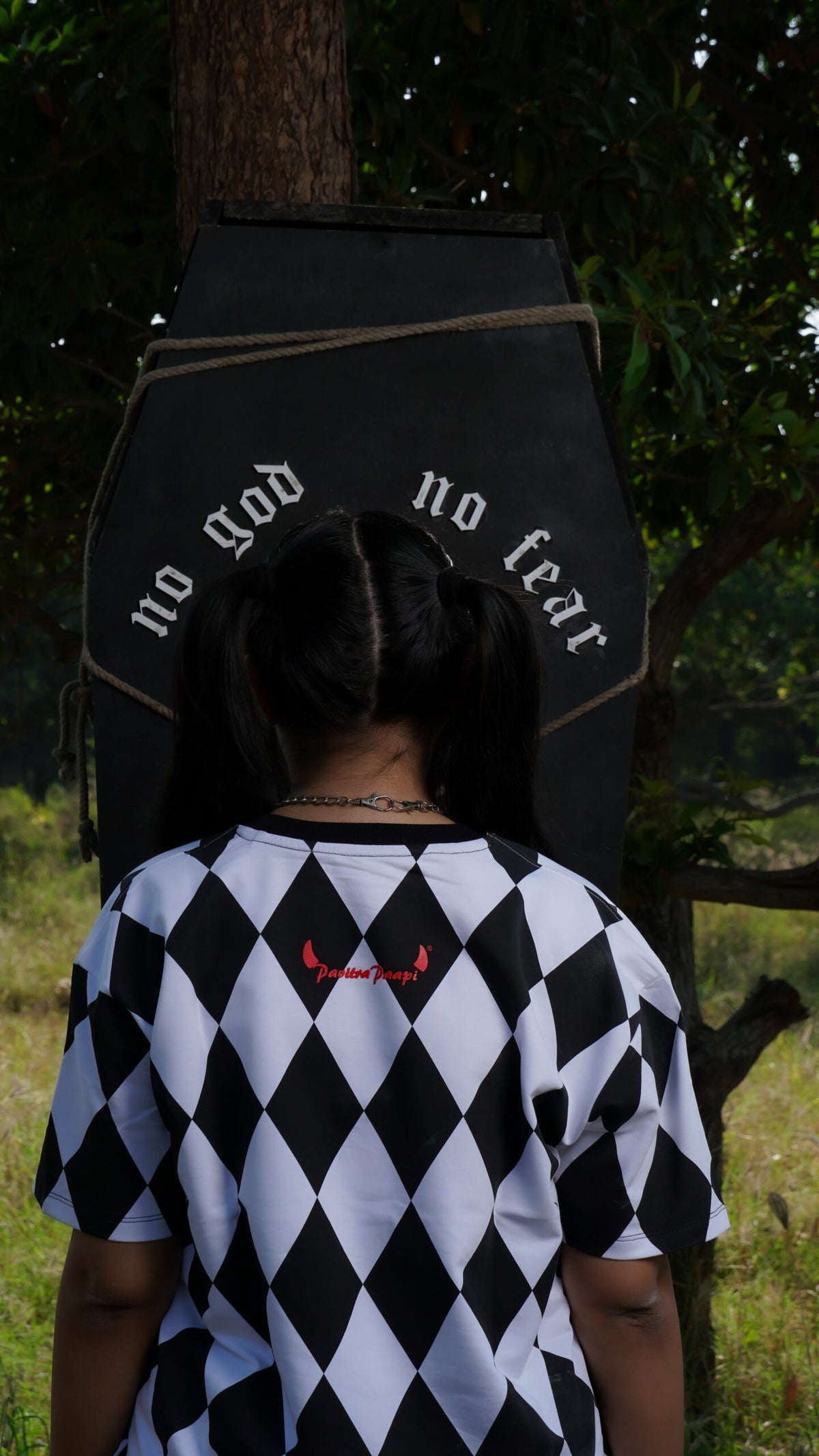 Diamond Checks black and white print T-shirt by Pavitra Paapi, view 2
