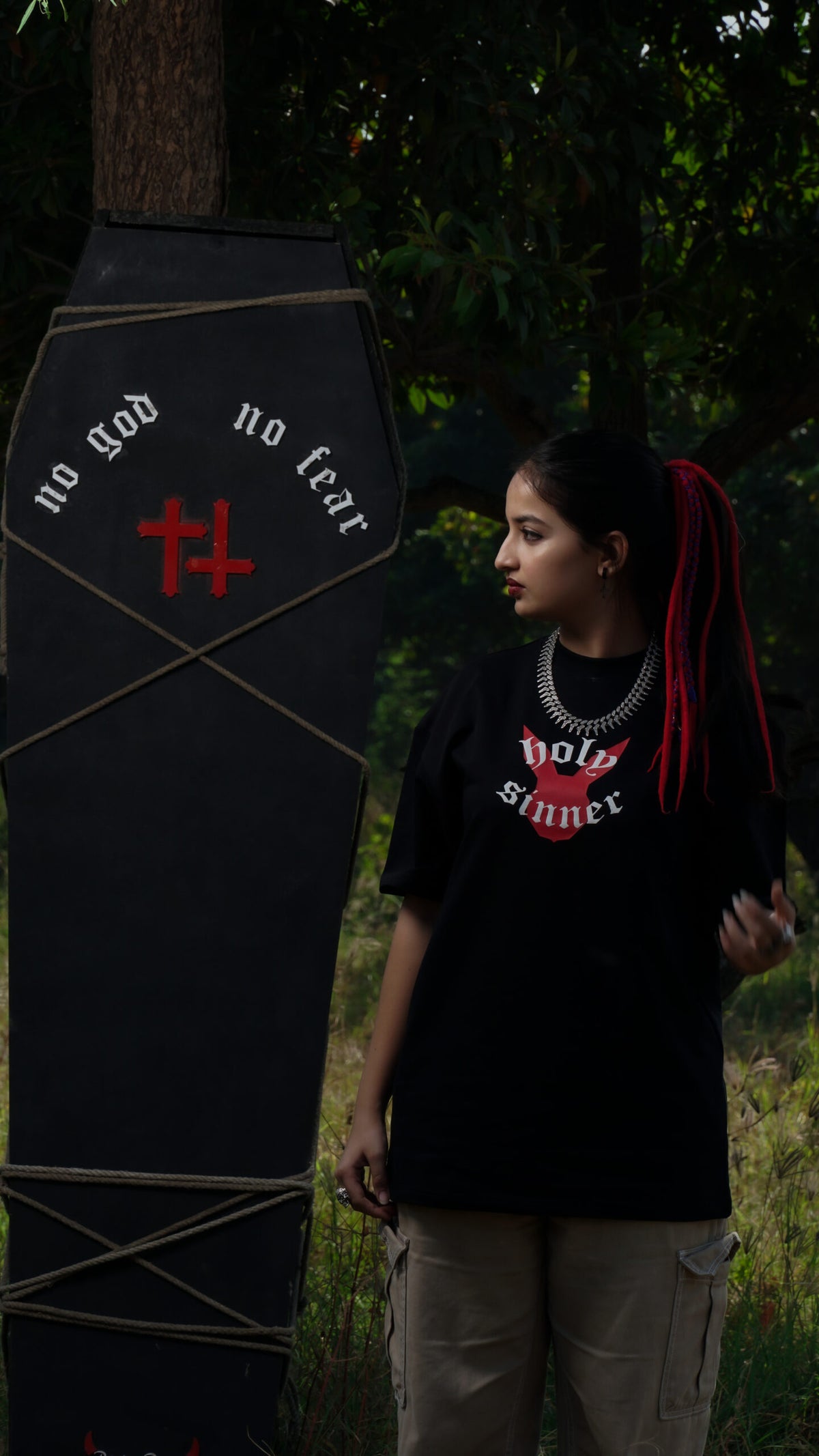 Holy Sinner unisex oversized T-shirt by Pavitra Paapi, view 1