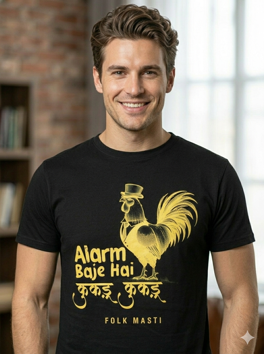 Alarm Baje Hai Folk Masti T-shirt by Pavitra Paapi, view 2