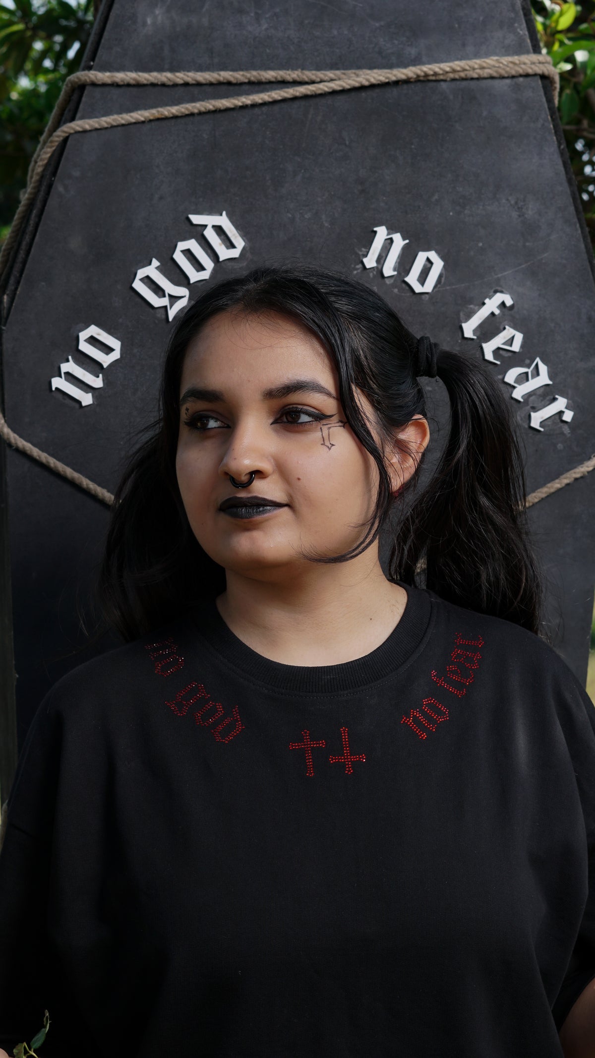 No God No Fear embroidered oversized T-shirt by Pavitra Paapi, view 5