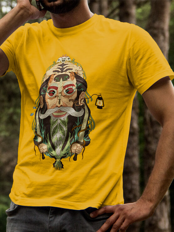 Mukt band merch T-shirt by Pavitra Paapi, yellow, front